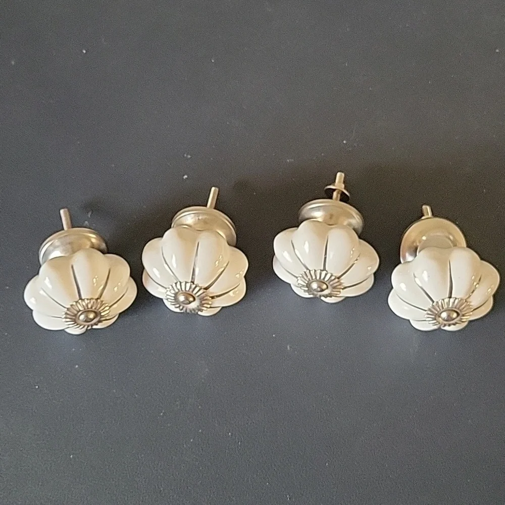 Four (4) White & Silver Draw Knobs